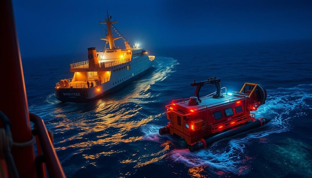 A deep-sea exploration vessel navigates the vast ocean, equipped with cutting-edge marine technology. In the foreground, a remotely operated vehicle (ROV) deftly maneuvers, its cameras capturing detailed images of the seafloor. Multibeam sonar systems map the contours of the seabed, revealing previously uncharted landscapes. Data streams in from a network of sensors, tracking ocean currents, temperature, and pressure. Scientists analyze this wealth of information, uncovering new species and insights into the mysteries of the deep. The scene is bathed in the warm glow of underwater lights, casting a sense of wonder and discovery over the entire operation.