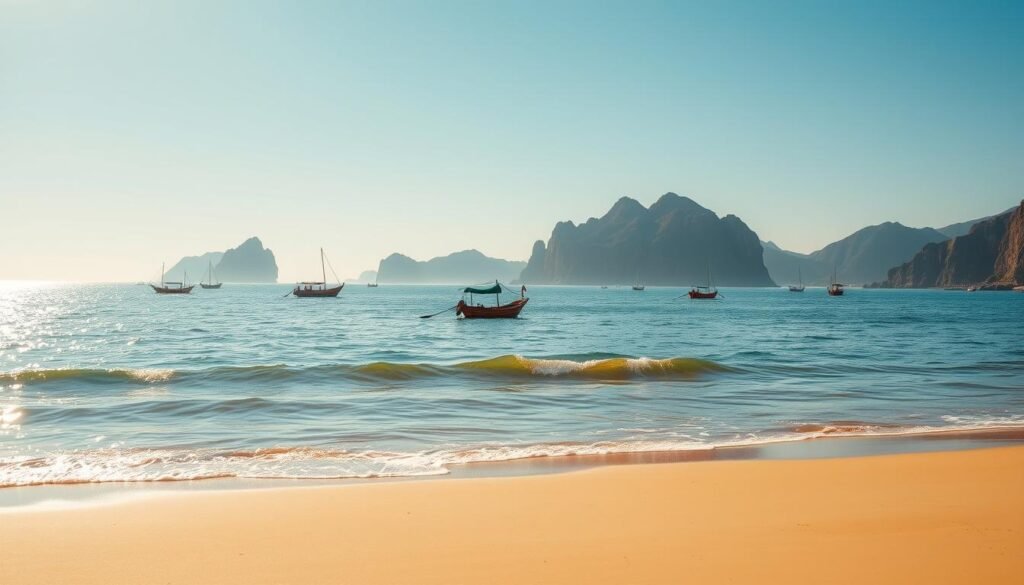 A sun-drenched landscape in Jindo, South Korea, where the Jeju Strait parts and reveals its mesmerizing natural phenomenon. In the foreground, a tranquil shoreline with soft, golden sand and gently lapping waves. In the middle ground, traditional Korean fishing boats dot the horizon, their vibrant colors reflecting on the shimmering water. In the background, majestic cliffs rise up, their rugged contours silhouetted against a clear, azure sky. The scene is infused with a sense of timelessness, capturing the enduring relationship between the people of Jindo and the remarkable, ever-changing sea that surrounds them. The lighting is warm and golden, evoking a sense of nostalgia and wonder, as if glimpsing a moment frozen in history.