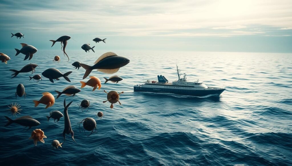 A sweeping seascape depicts the global context of marine discoveries. In the foreground, a diverse array of newly discovered deep-sea creatures hovers gracefully, their otherworldly forms illuminated by soft, diffused lighting. In the middle ground, a research vessel from the Schmidt Ocean Institute cuts through gently undulating waves, its sleek silhouette a symbol of human exploration and scientific inquiry. The distant backdrop reveals a panoramic vista of the open ocean, hinting at the vast, uncharted realms that remain to be explored. The scene exudes a sense of wonder and anticipation, capturing the spirit of global marine census efforts to uncover the hidden treasures of the deep.