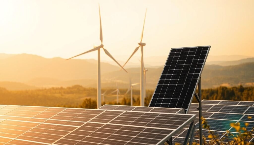A towering solar panel array stands proudly in the foreground, its sleek black panels catching the warm golden glow of the sun. In the middle ground, a wind turbine gracefully spins, its blades cutting through the air with elegant precision. The background is dominated by a panoramic vista of rolling hills and forests, hinting at the boundless potential of renewable energy sources. The scene is bathed in a soft, diffused light, creating a sense of tranquility and harmony. A subtle depth of field effect draws the viewer's eye towards the center of the composition, highlighting the seamless integration of these cutting-edge technologies into the natural landscape. This image evokes a vision of a sustainable future, where clean, renewable energy powers our world with efficiency and elegance. A towering solar panel array stands proudly in the foreground, its sleek black panels catching the warm golden glow of the sun. In the middle ground, a wind turbine gracefully spins, its blades cutting through the air with elegant precision. The background is dominated by a panoramic vista of rolling hills and forests, hinting at the boundless potential of renewable energy sources. The scene is bathed in a soft, diffused light, creating a sense of tranquility and harmony. A subtle depth of field effect draws the viewer's eye towards the center of the composition, highlighting the seamless integration of these cutting-edge technologies into the natural landscape. This image evokes a vision of a sustainable future, where clean, renewable energy powers our world with efficiency and elegance.
