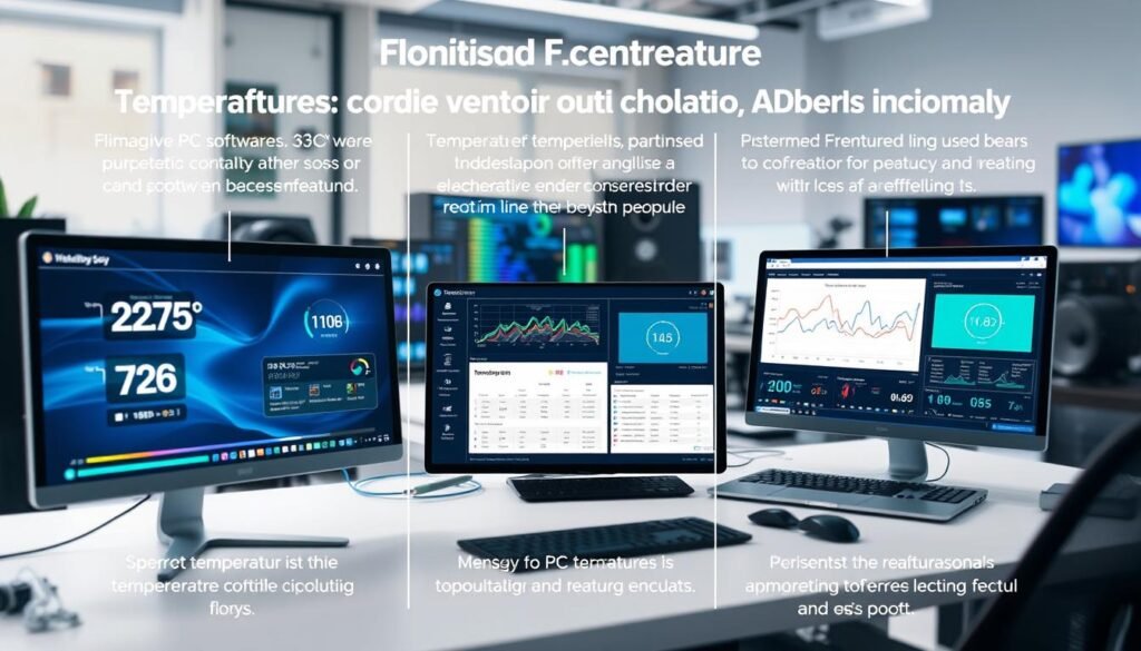 A detailed graphic comparing various software features for monitoring PC temperature to prevent overheating in real time. In the foreground, display sleek computer interfaces showing temperature readings, graphs, and feature highlights of different software. In the middle ground, arrange a modern workspace with a laptop, digital displays, and an ambient setup that suggests technology and efficiency. Use a clean, professional design with a color palette of blues and whites, emphasizing clarity. The background should be softly blurred, depicting a high-tech environment with subtle hints of cooling systems or fans. The lighting is bright and even, enhancing readability of the interfaces. The atmosphere is focused, conveying a sense of professionalism and reliability in software solutions.