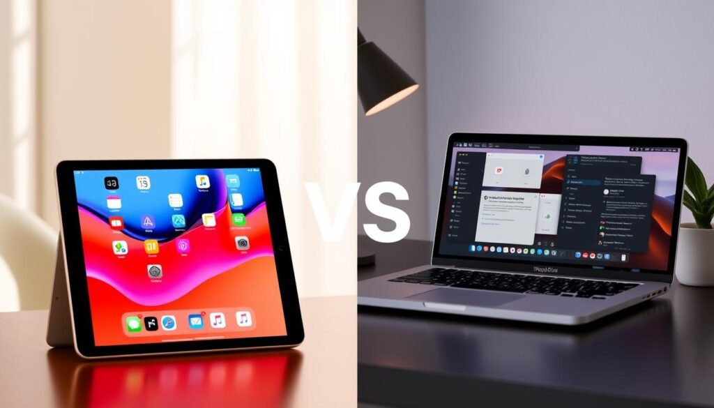 A split-screen image showcasing the ecosystems of iPadOS and macOS. On the left, a sleek iPad Air M3 is depicted, displaying its vibrant iPadOS interface with dynamic app icons and multitasking features, set against a modern, minimalist workspace featuring soft natural lighting. On the right, a MacBook Air M3 is featured, showcasing its macOS interface with organized windows and a productive setup, possibly including a stylish desk lamp and a potted plant for a touch of greenery. The background blends seamlessly, transitioning from the warm tones of the iPad side to the cool colors of the MacBook side, creating a harmonious yet distinct contrast. The overall mood is professional and contemporary, emphasizing the innovative technology of both devices. No text or overlays present. A split-screen image showcasing the ecosystems of iPadOS and macOS. On the left, a sleek iPad Air M3 is depicted, displaying its vibrant iPadOS interface with dynamic app icons and multitasking features, set against a modern, minimalist workspace featuring soft natural lighting. On the right, a MacBook Air M3 is featured, showcasing its macOS interface with organized windows and a productive setup, possibly including a stylish desk lamp and a potted plant for a touch of greenery. The background blends seamlessly, transitioning from the warm tones of the iPad side to the cool colors of the MacBook side, creating a harmonious yet distinct contrast. The overall mood is professional and contemporary, emphasizing the innovative technology of both devices. No text or overlays present.
